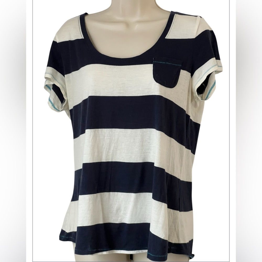 Tommy Hilfiger Women's Medium Navy Blue and‎ White Stripe Short Sleeve Shirt Top